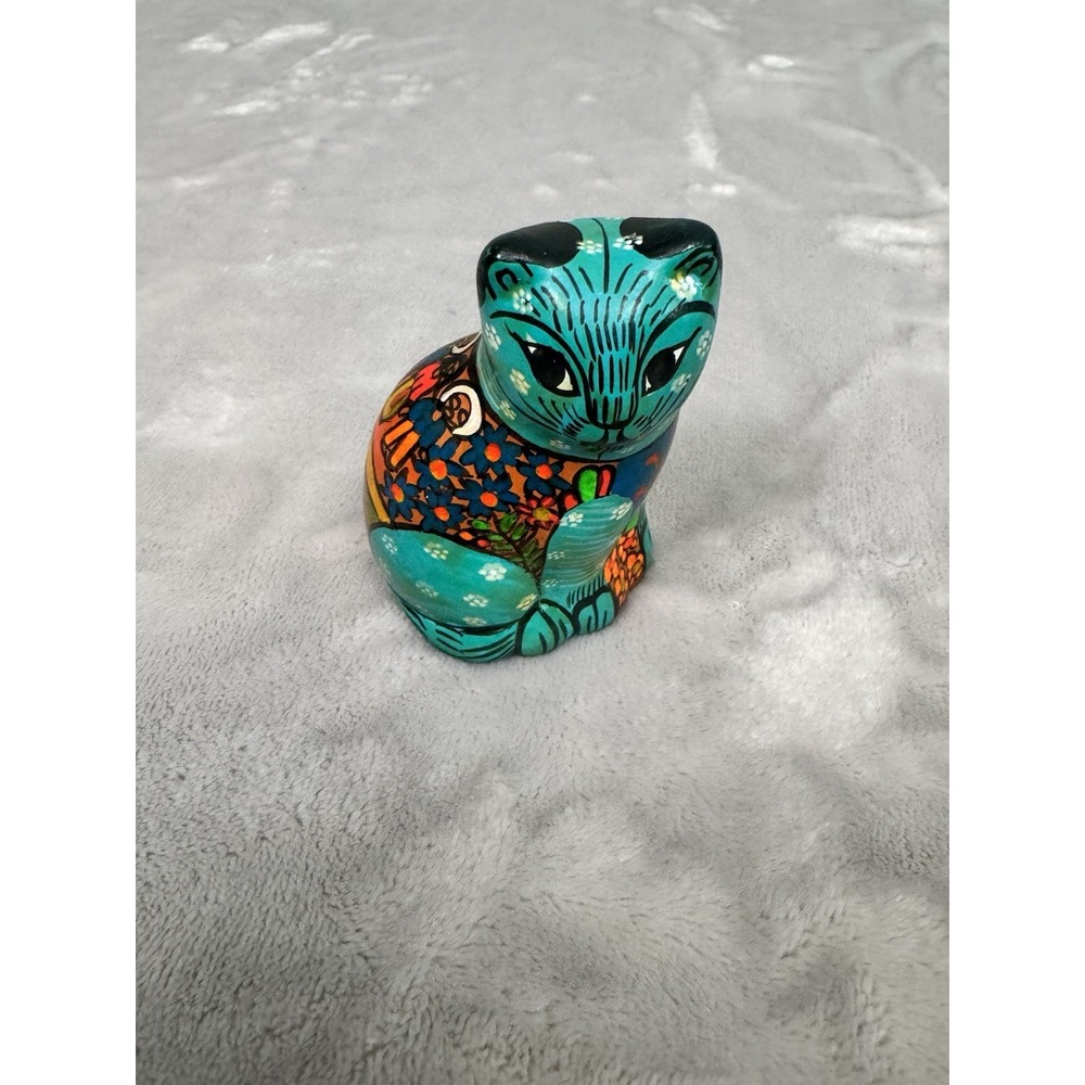 Talavera  Mexican Hand Painted  Folk Art  Ceramic Cat Figurine Turquoise 5.5"‎